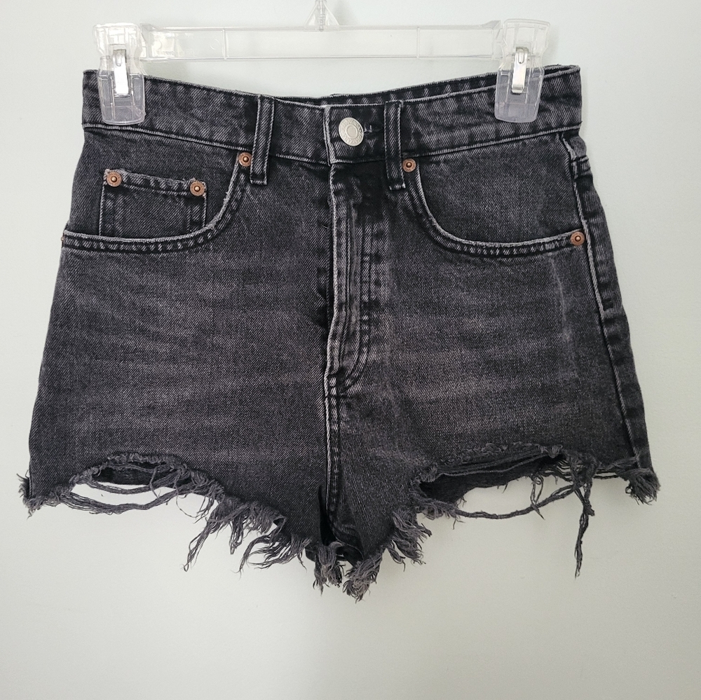 Zara Women Size 2 Cut Off Black High Waisted Distressed Button Fly Pocket Shorts